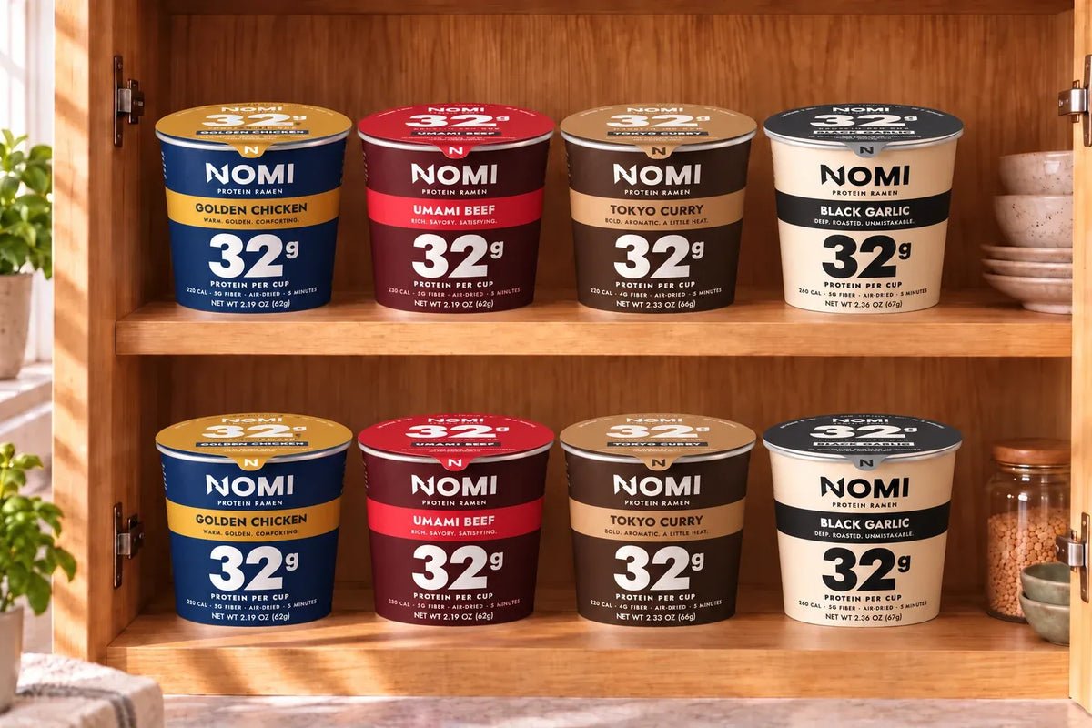 A cupboard stocked with NOMI cups