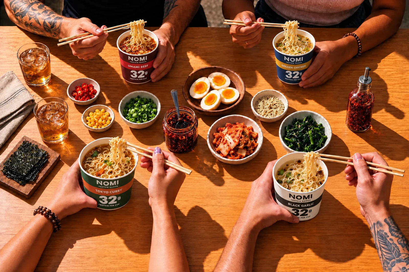 Hands adding egg, chili crisp and scallion to open NOMI cups