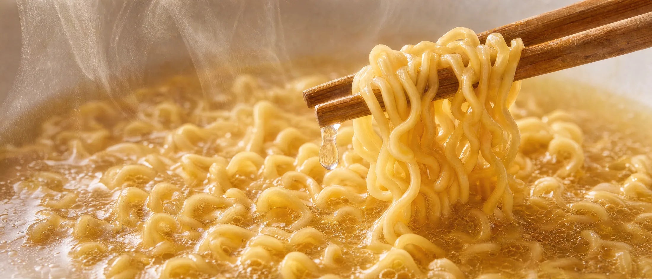 Golden Chicken noodles lifted from light golden broth