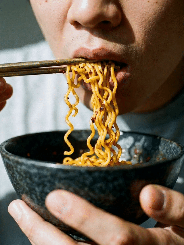 Noodle pull, eating loop, overhead, real vegetables and spices around it