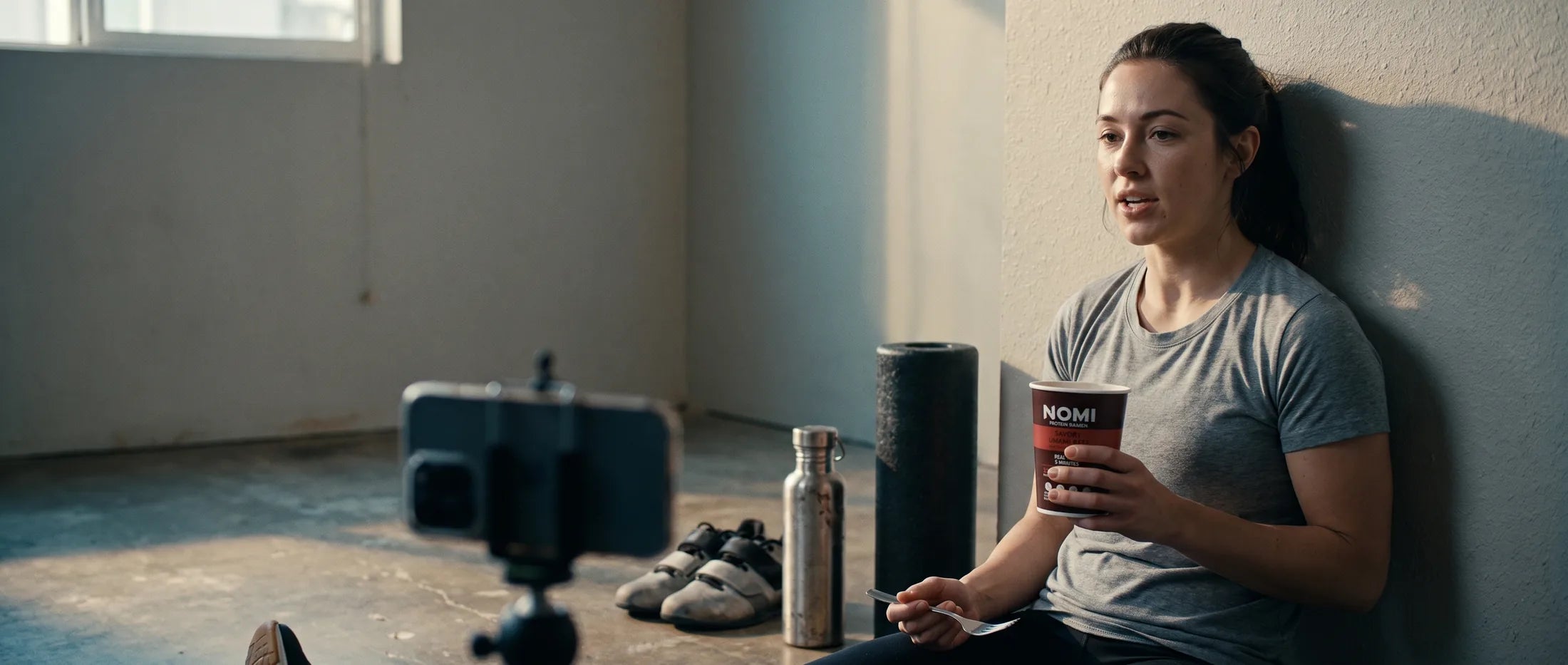 A Field Team member filming a post after training, holding a cup of NOMI